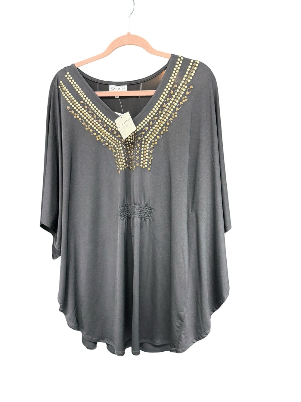 Carmen Marc Valvo Black Tunic with Gold Stud V-Neck